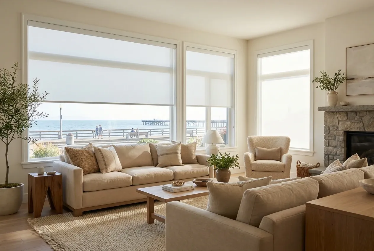 White solar roller shades in a White Rock waterfront living room with a bay view