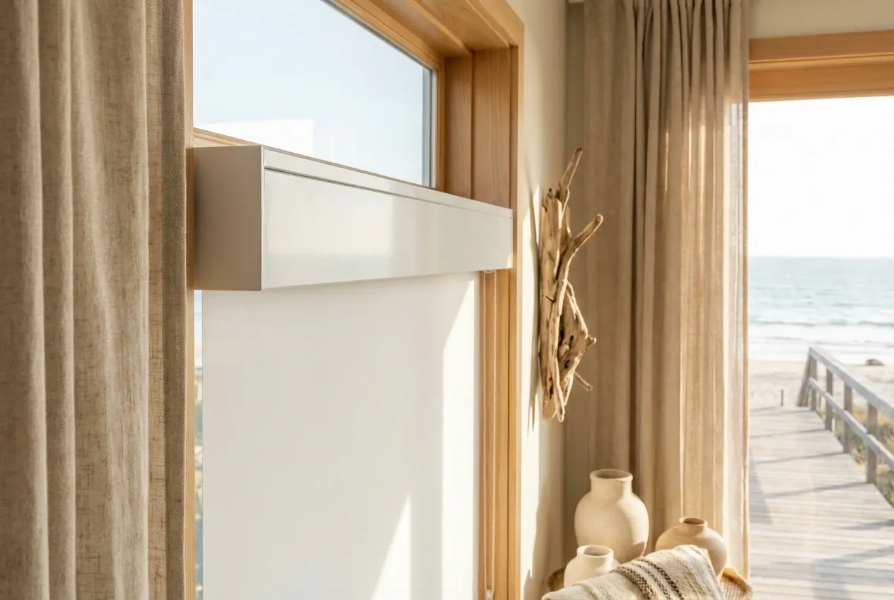 Close-up of cassette-mounted white Solis solar roller shades on a large White Rock window with a bay view