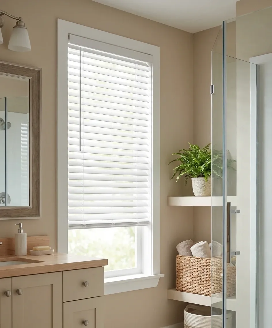 White horizontal-slat blinds lowered over a bright window in a neutral, daylit room