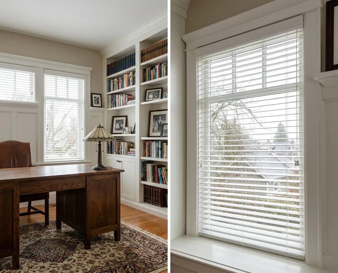 Home office with white faux wood blinds filtering daylight over a desk and built-in bookshelves, beside a close detail of the crisp white slats over a transom window