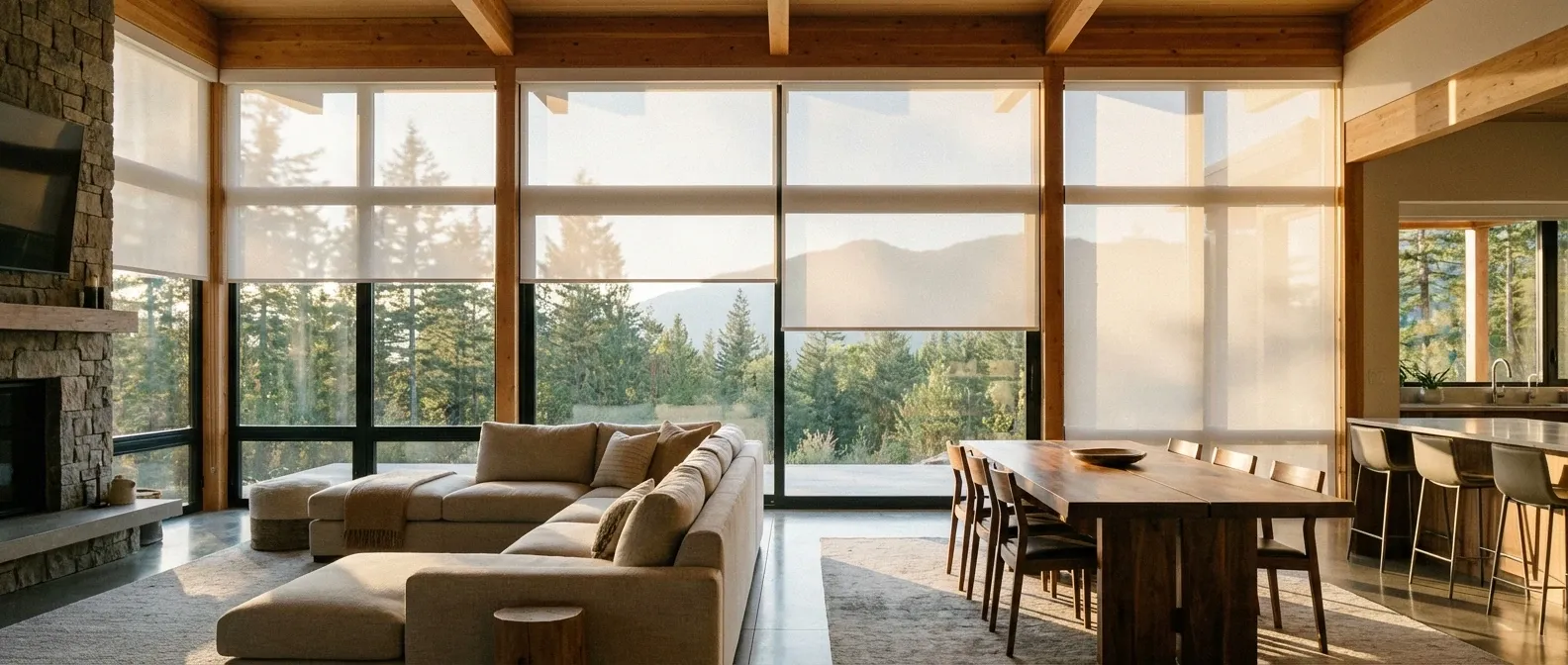 Motorized white roller shades on a tall floor-to-ceiling window