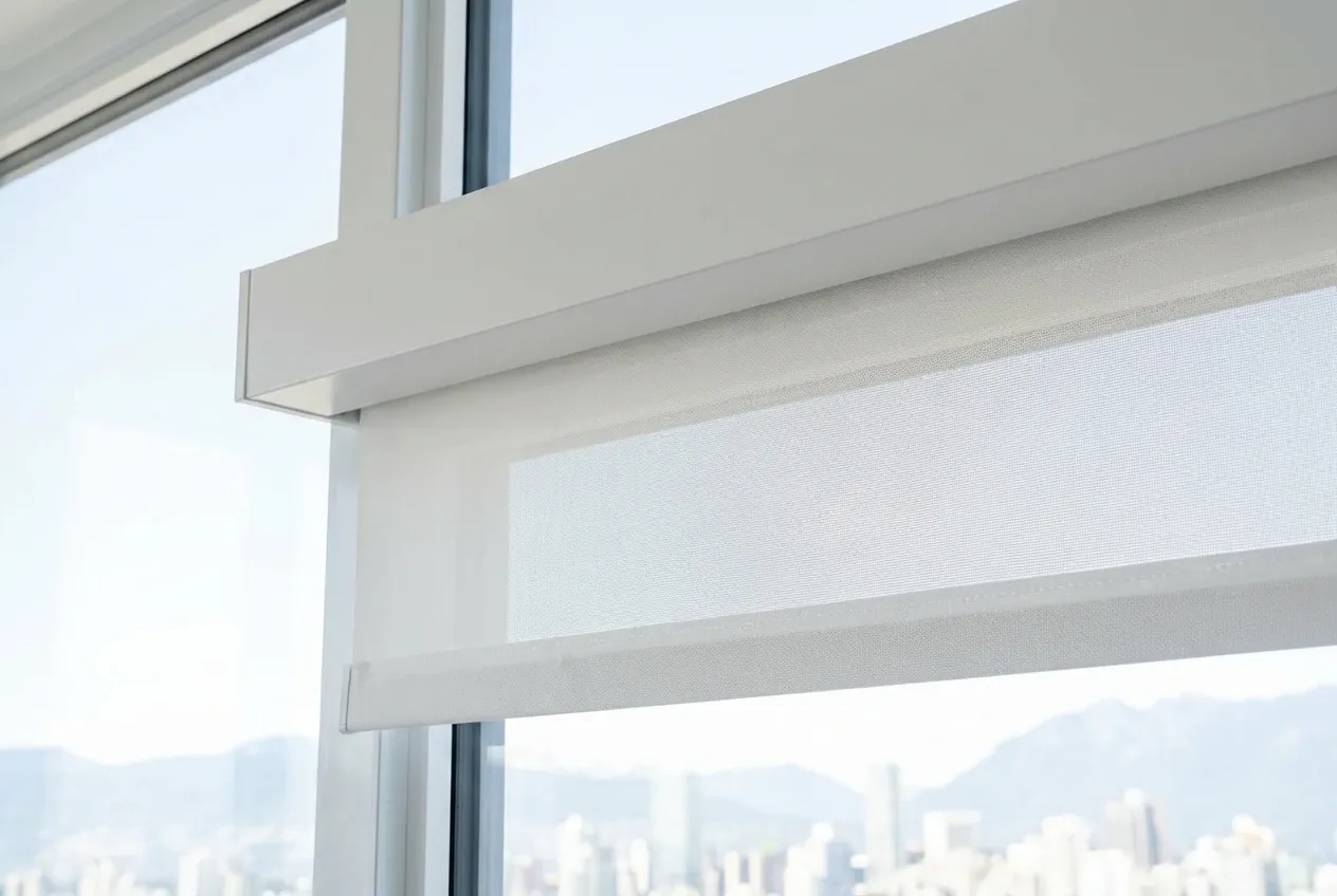 Close-up of a white solar roller shade and cassette headrail partly lowered over a high-rise window, a Vancouver cityscape and mountains beyond