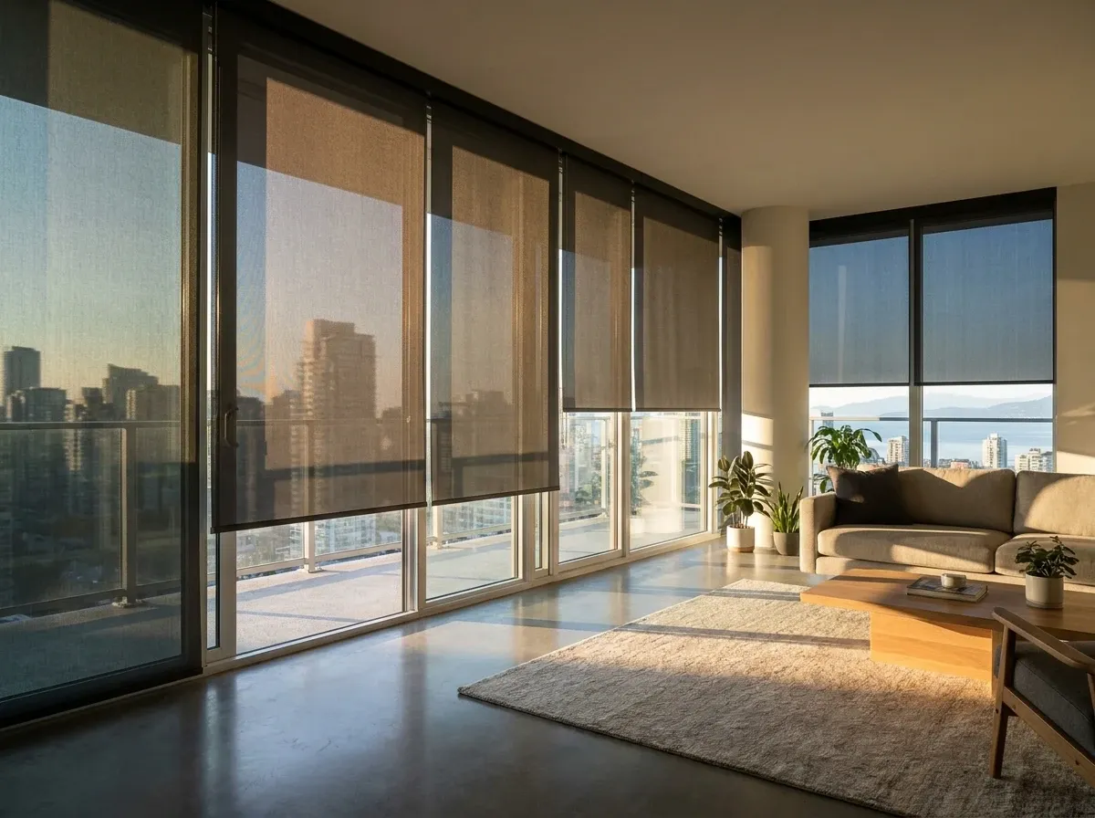 Motorized solar roller shades — white in a west-facing glass wall, automated mid-positions, late sun, Vancouver condo
