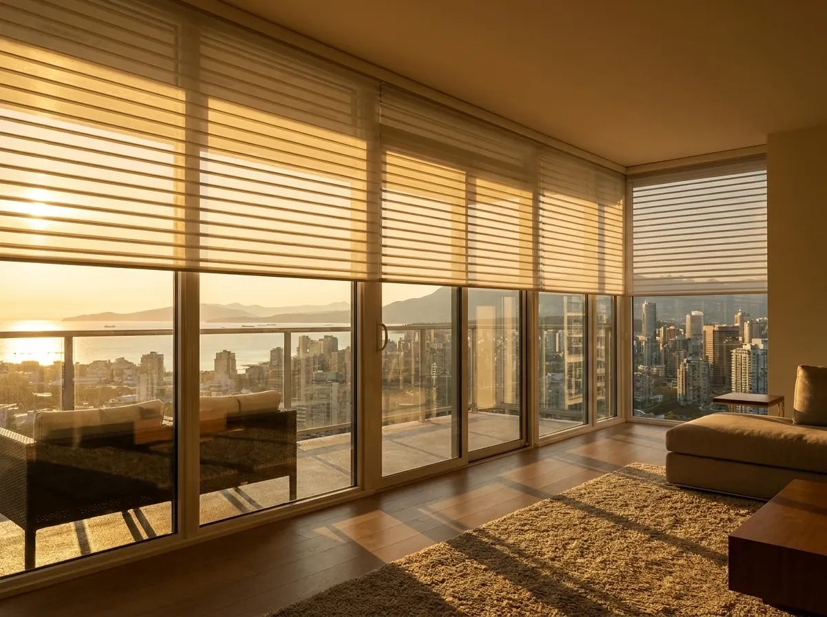 Motorized solar roller shades — white in a west-facing glass wall, automated mid-positions, late sun, Vancouver condo