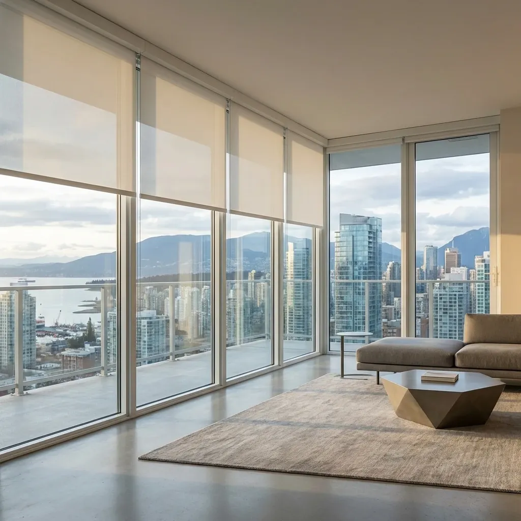 Motorized white solar roller shades at staggered heights across floor-to-ceiling glass in a Vancouver high-rise condo, with the downtown skyline, harbour, and mountains beyond