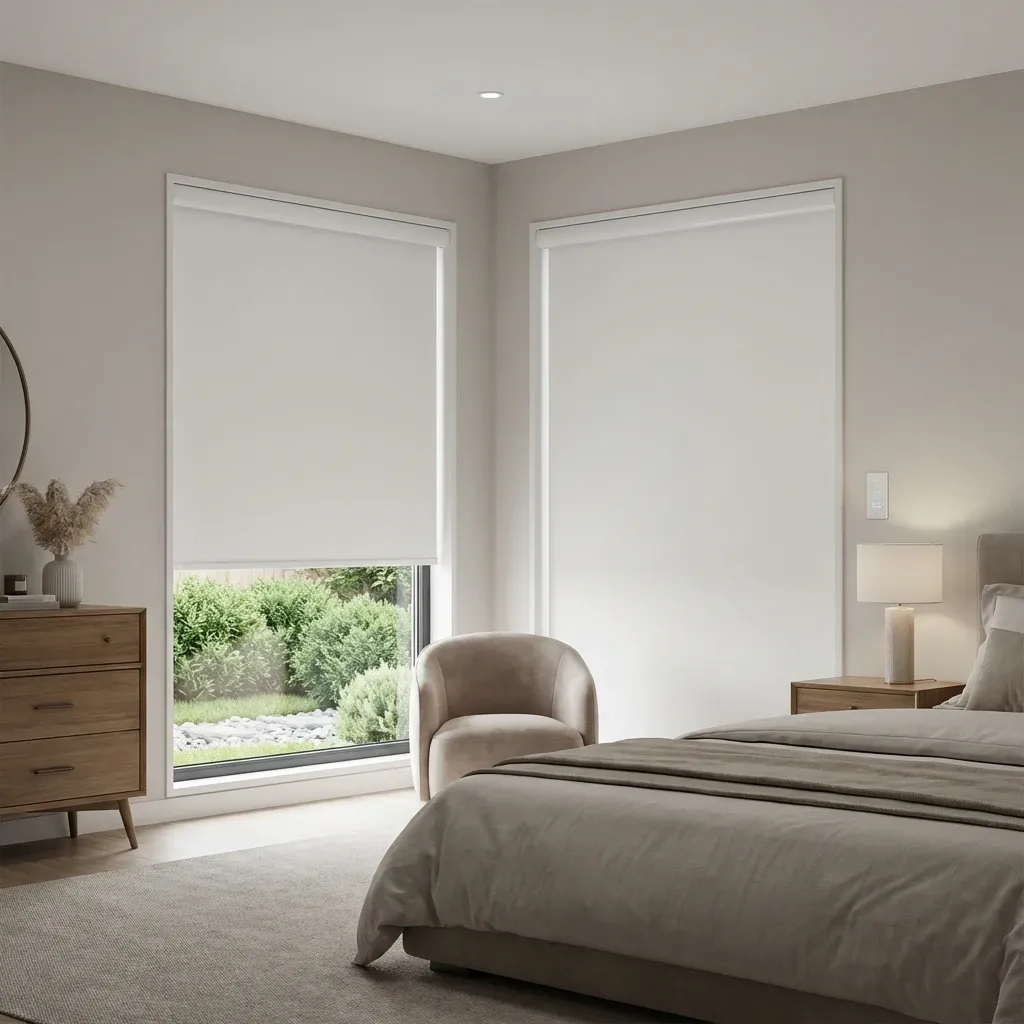 Motorized white roller shades in a ground-level Vancouver bedroom with a wall keypad and a leafy garden view