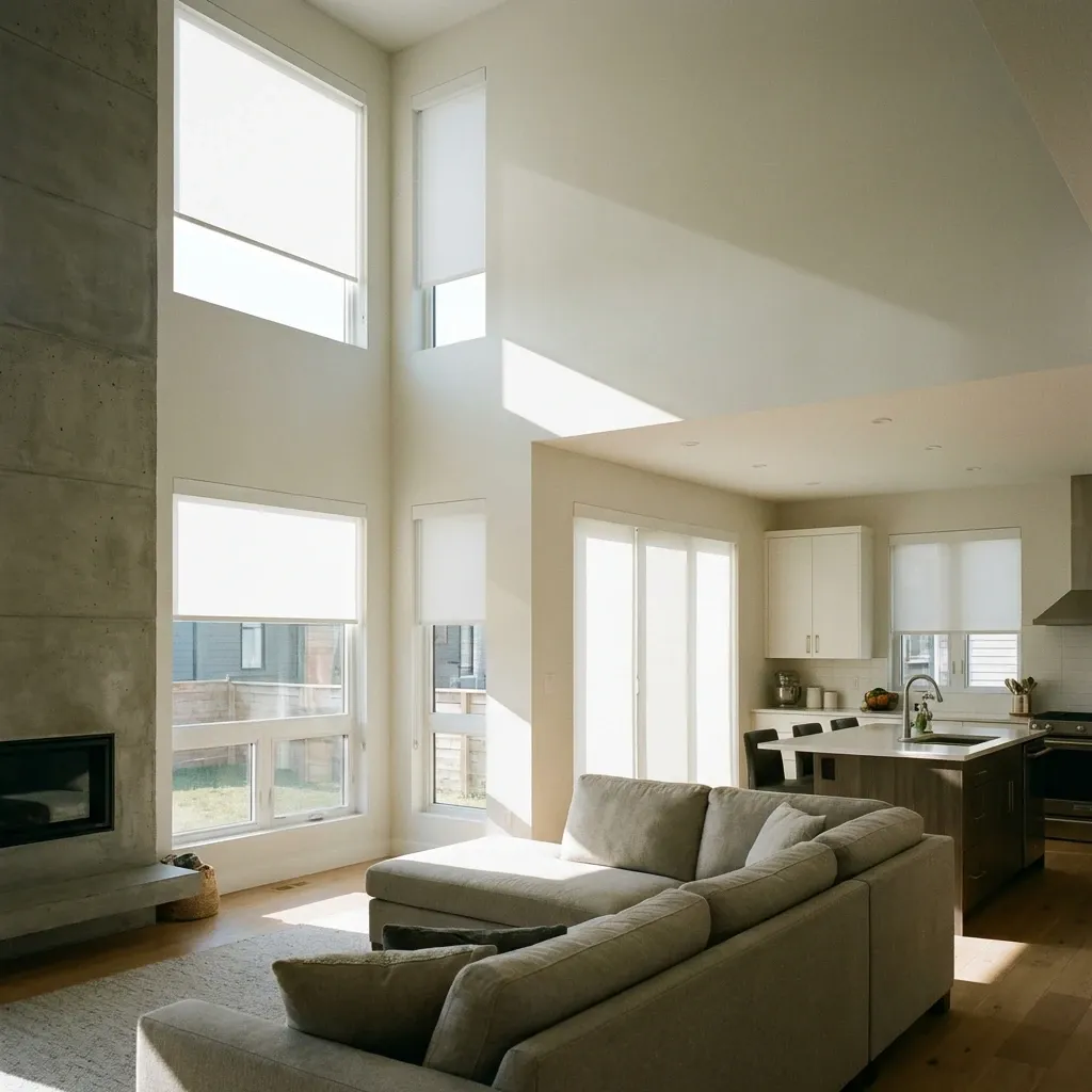 Motorized white roller shades on upper- and lower-floor windows in a double-height Vancouver townhouse great room