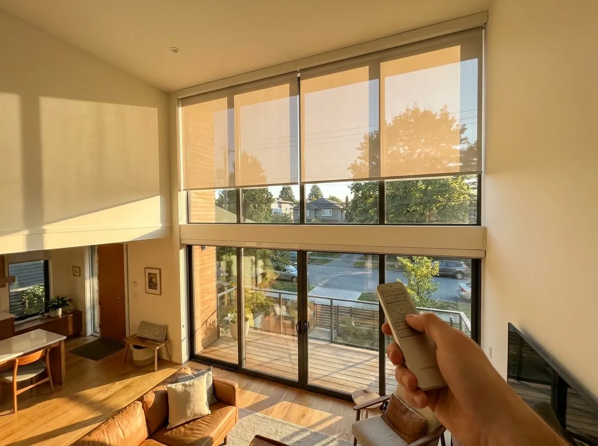 Motorized Roller Shades — white in an upper-floor / double-height window, Kitsilano townhouse