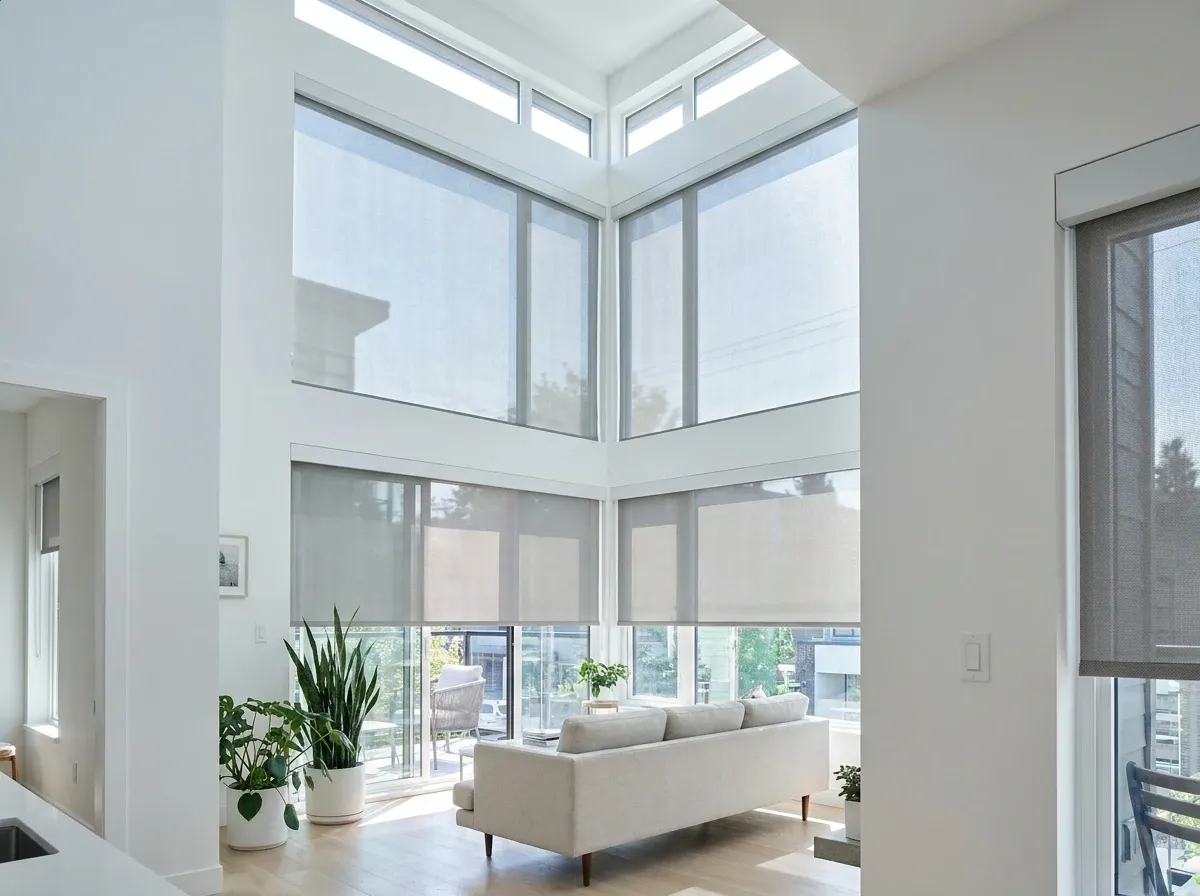 Motorized Roller Shades — white in an upper-floor / double-height window, Kitsilano townhouse