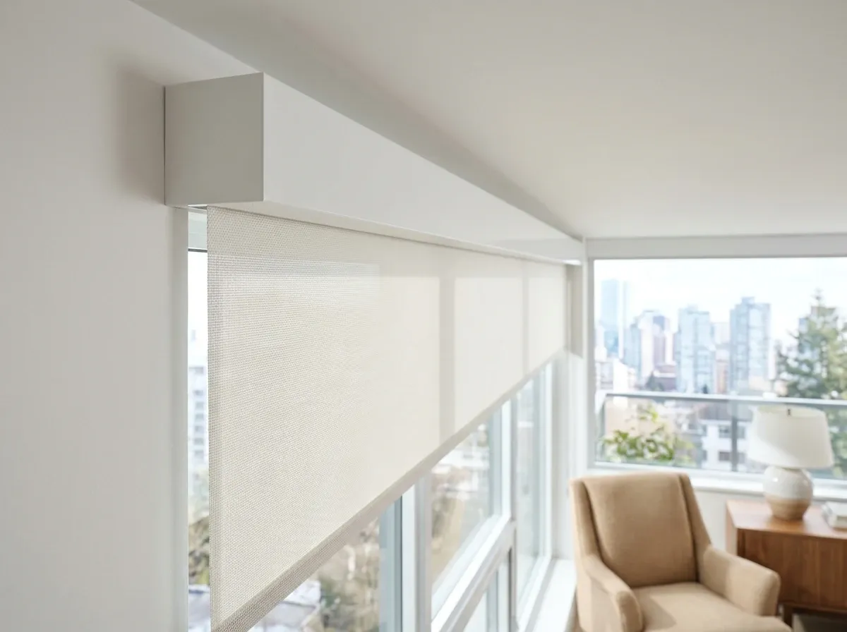 Motorized Roller Shades — cassette in a recessed motor housing, shade pocket, no cords, Detail / close-up