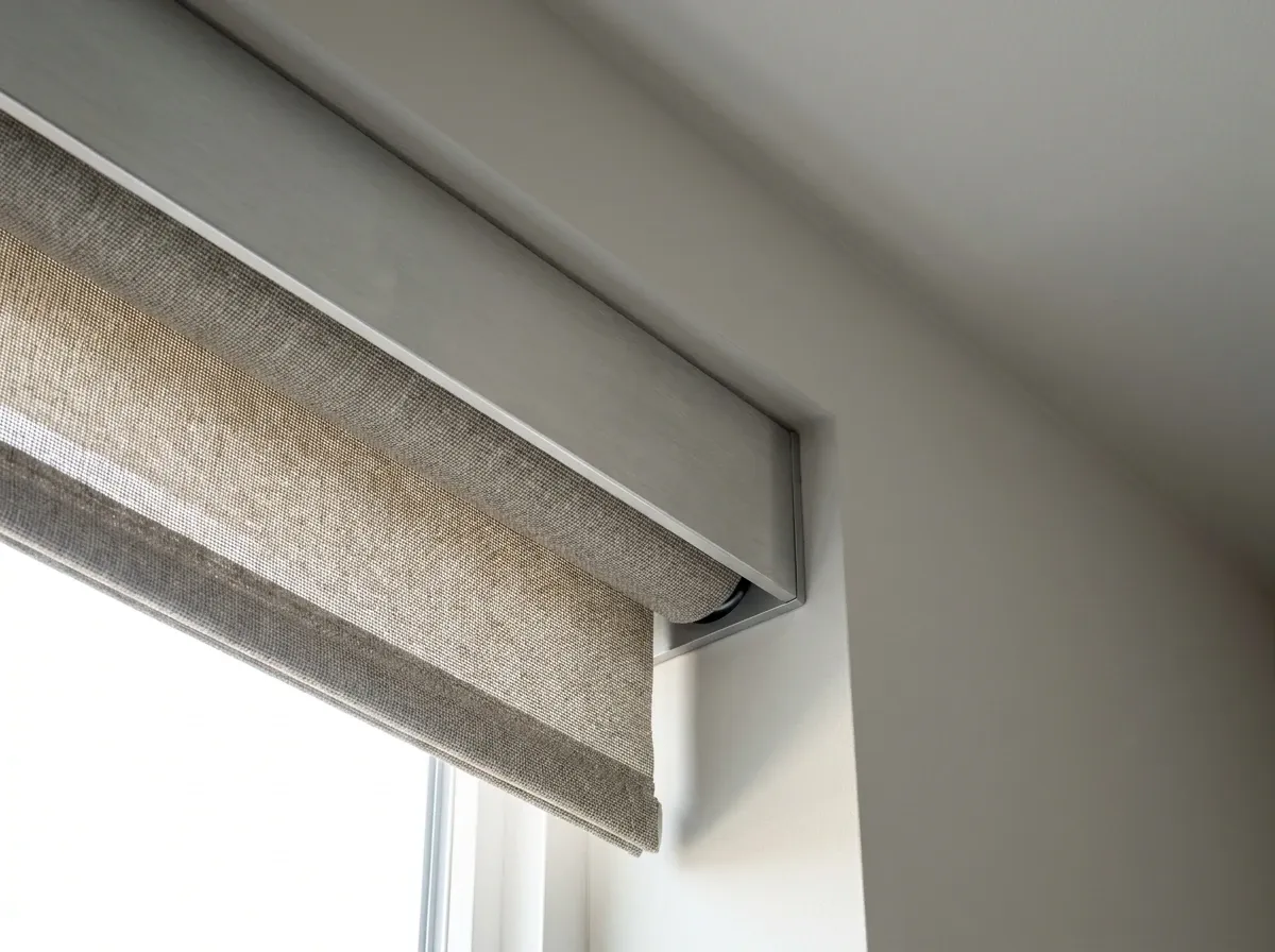 Motorized Roller Shades — cassette in a recessed motor housing, shade pocket, no cords, Detail / close-up