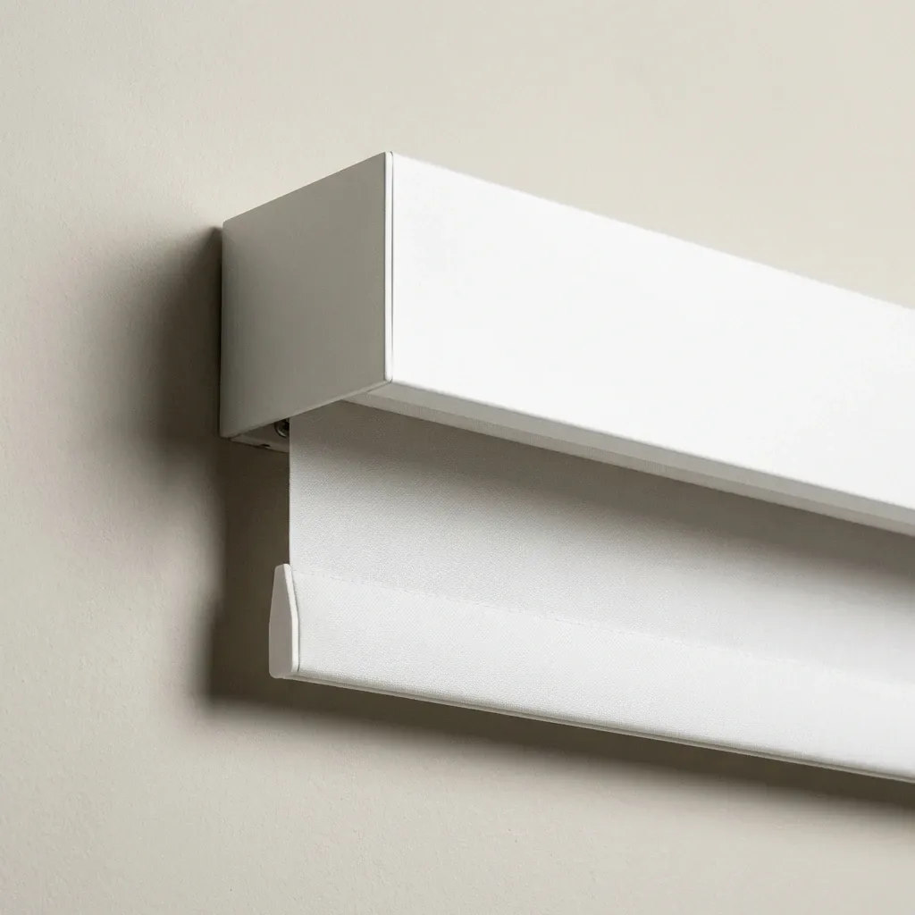 Close-up of a white roller shade cassette and headrail hardware