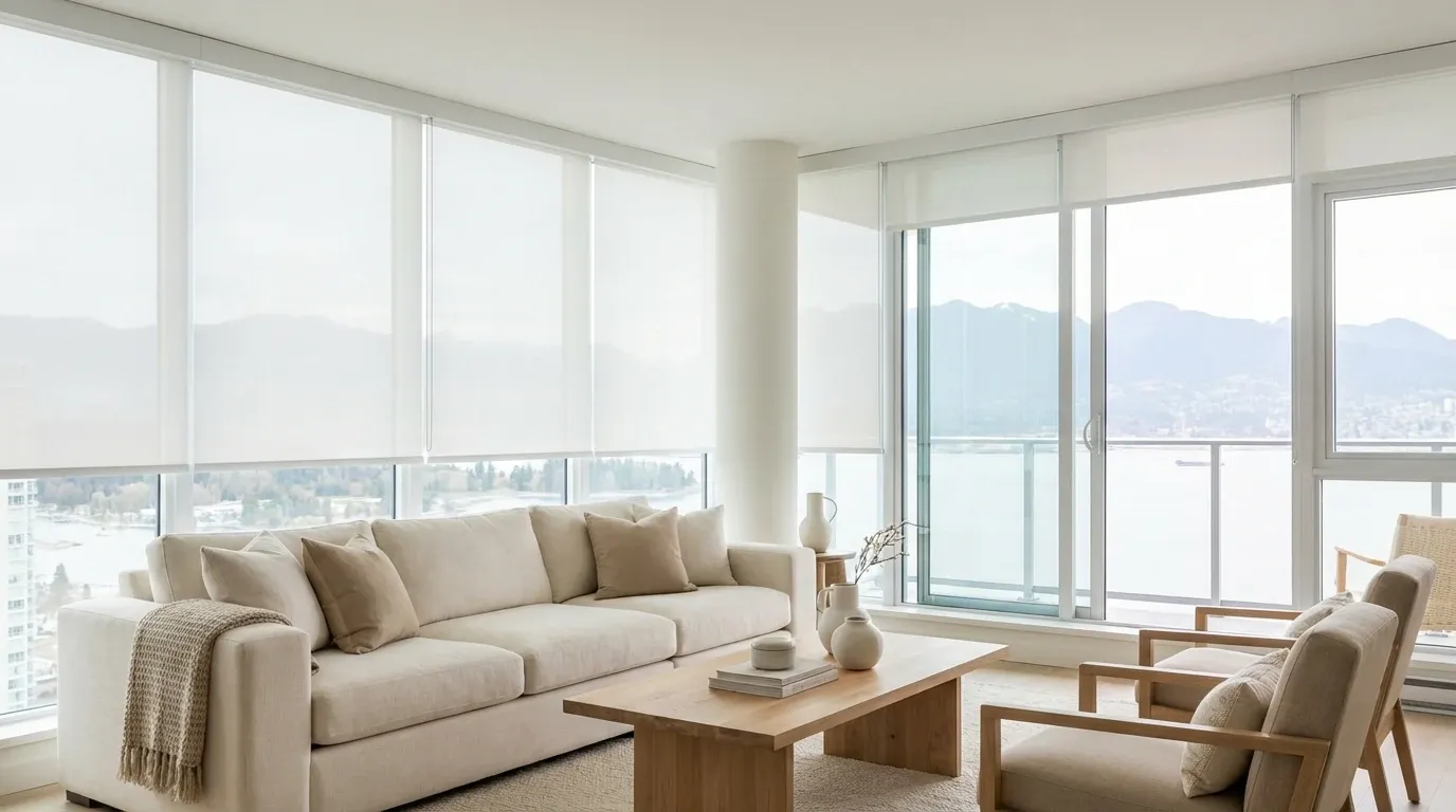 Open-plan Vancouver living and dining room with floor-to-ceiling custom roller shades in solar fabric filtering warm afternoon light, mountains and water beyond the windows