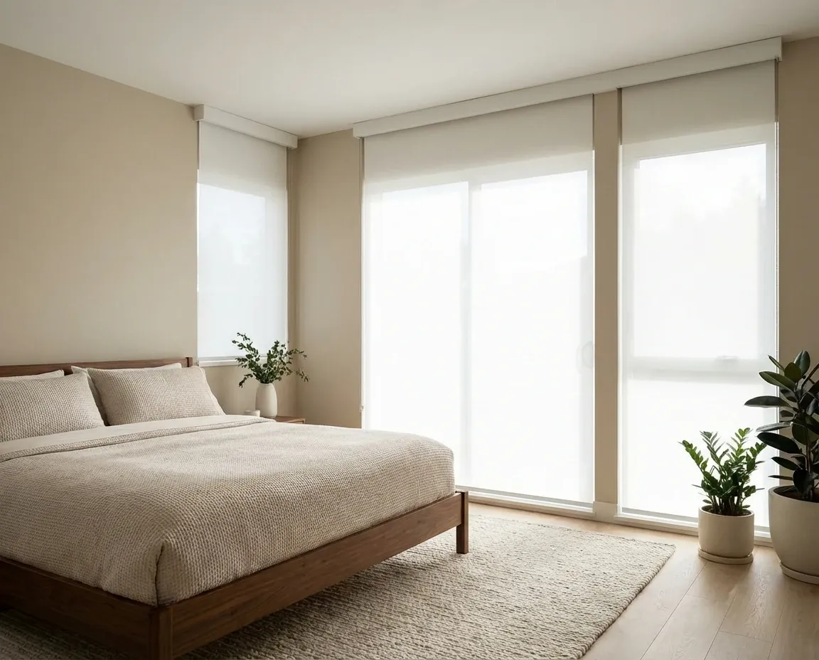Bedroom with blackout roller shades drawn and a clean cassette detail, the room comfortably dark