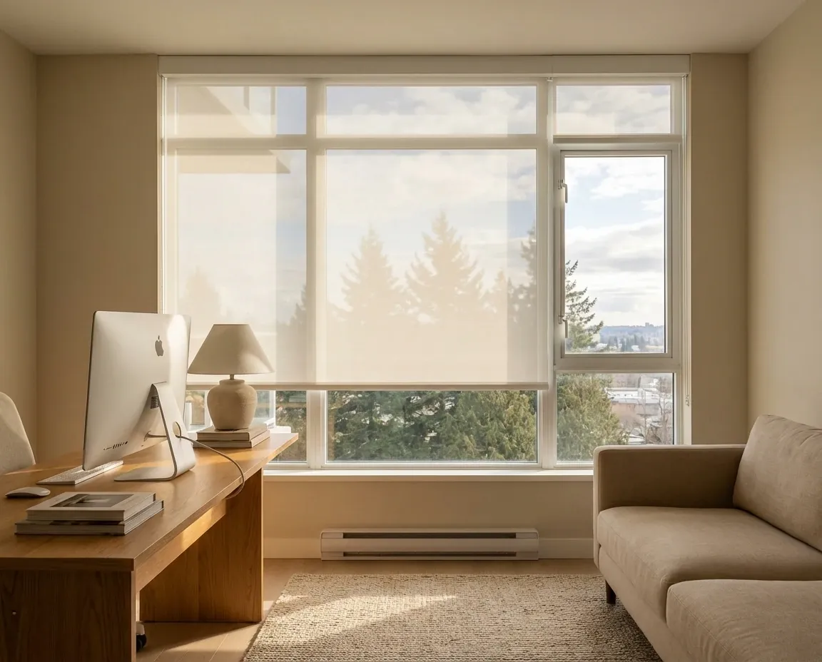 White roller shades lowered over tall windows in a bright, neutral room