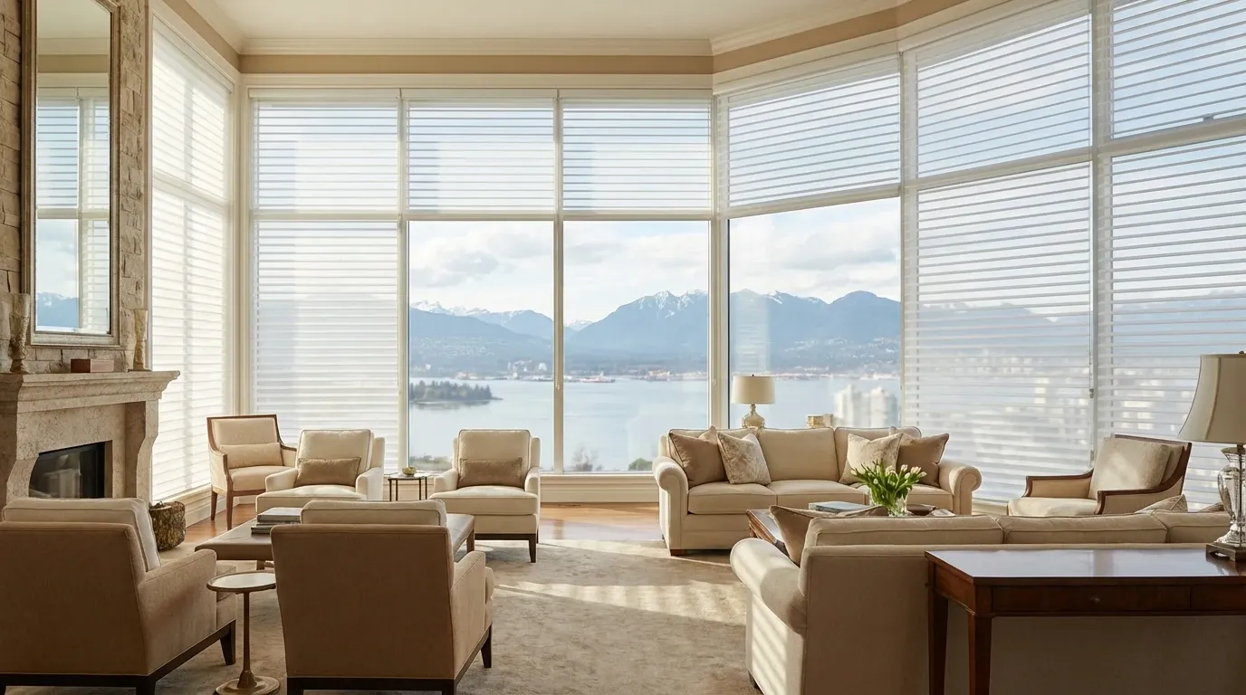 Formal living room with sheer horizontal shades across a wall of windows, the soft fabric vanes open between translucent layers diffusing daylight, with a Vancouver water-and-mountain view beyond