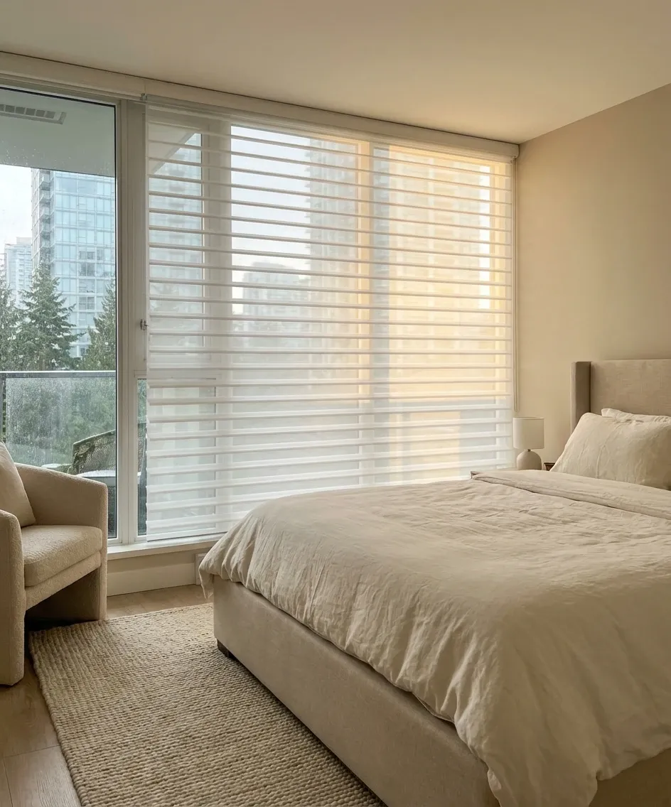 Bedroom with sheer horizontal shades across a corner window, the vanes tilted to admit soft daylight while screening the view, beside a bed and armchair