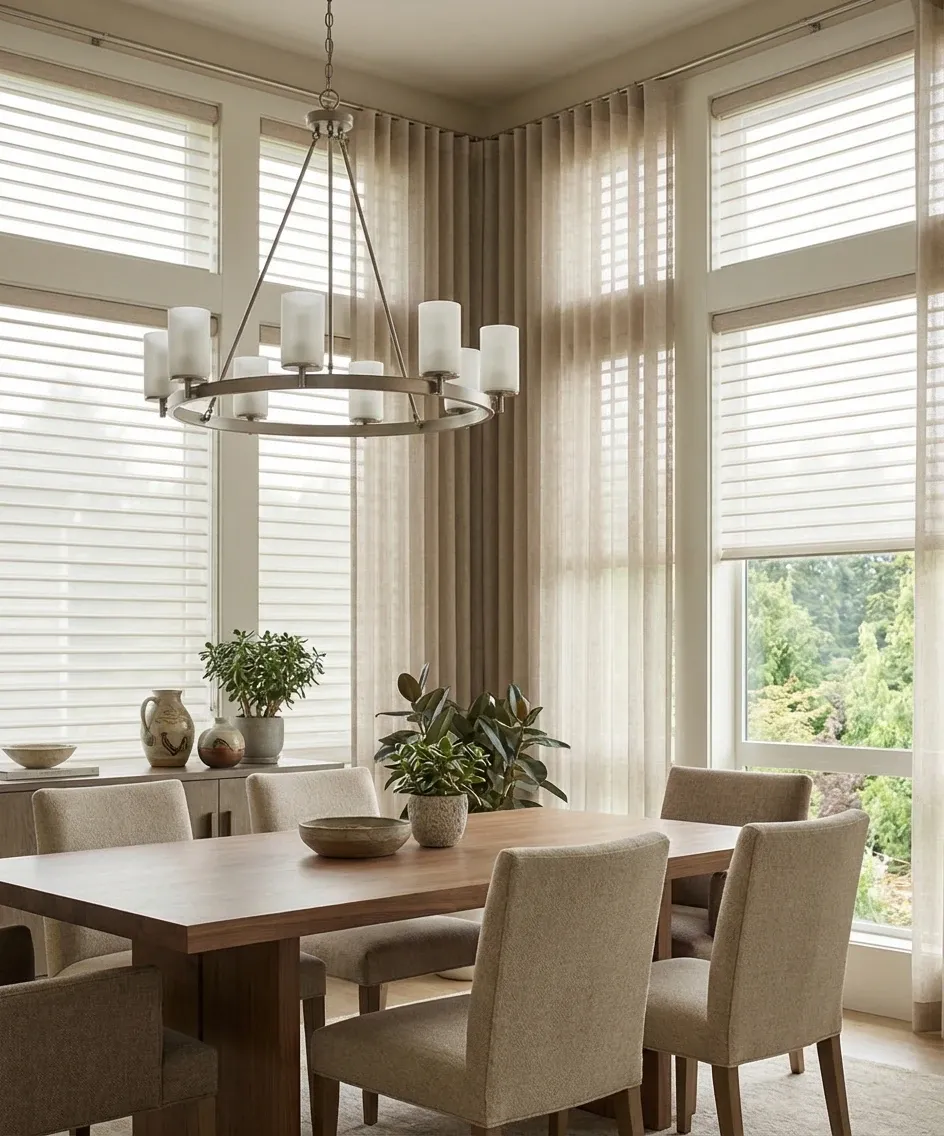 Dining room with sheer horizontal shades on a wall of windows under a chandelier, the vanes diffusing daylight over a wood table and upholstered chairs