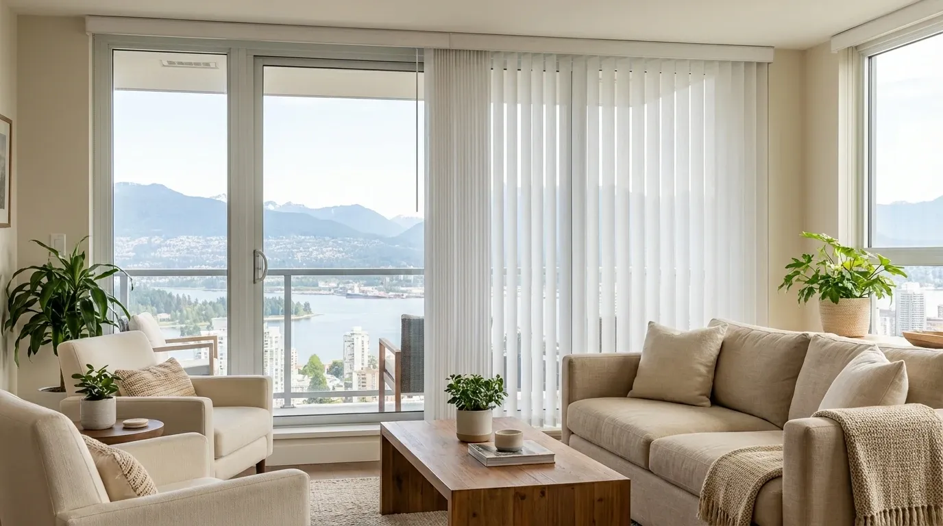 Open-concept living room with vertical blinds across a wide sliding patio door, the vanes tilted open to show a Vancouver water-and-mountain view, neutral sofa and armchairs in warm daylight