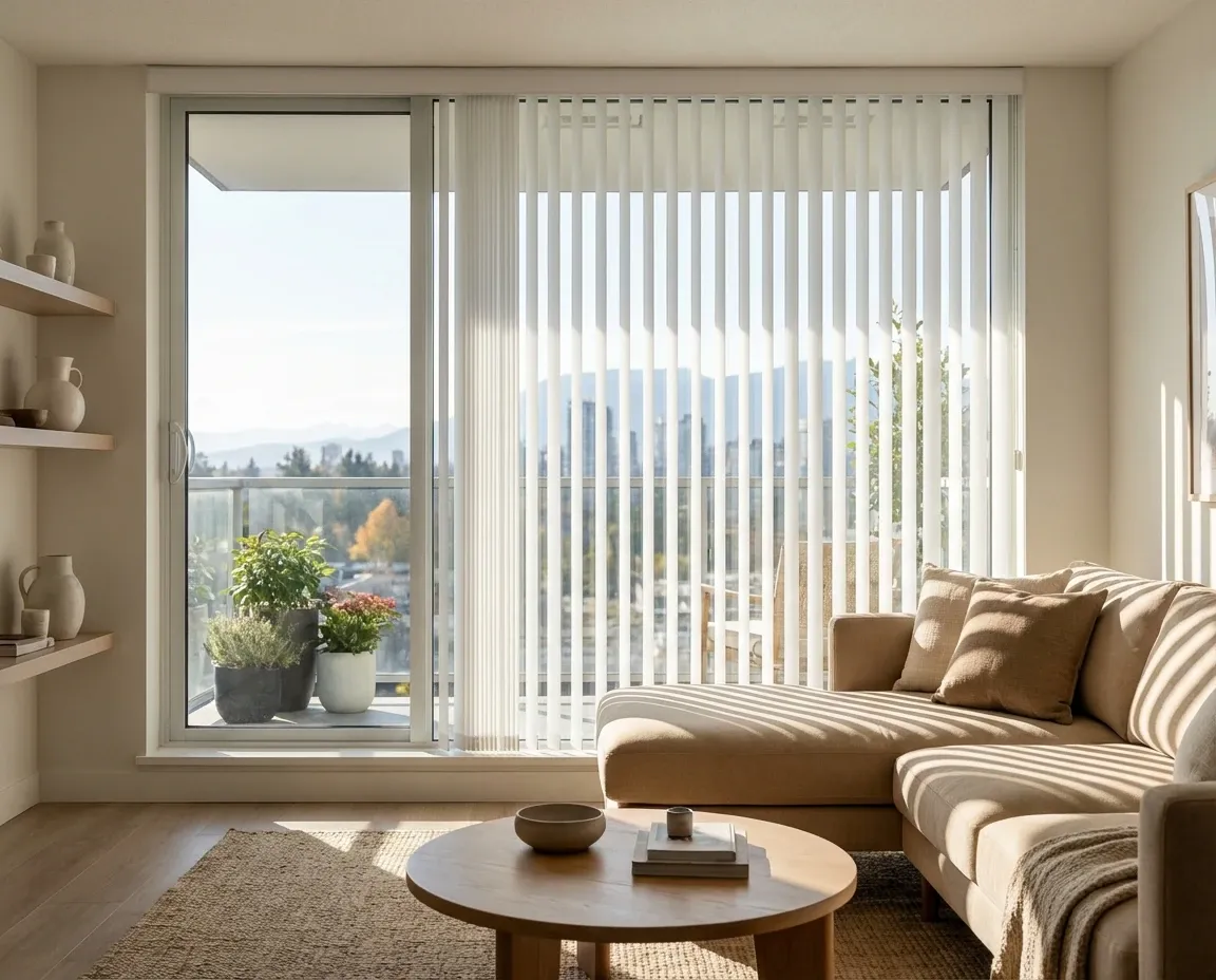 Living room with vertical blinds on a sliding balcony door, the vanes tilted to cast soft vertical light across a sectional sofa, with potted plants on the sill and a city-and-mountain view