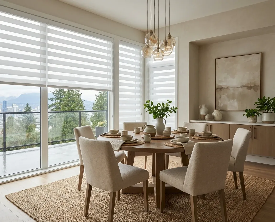Dining room with zebra shades in the open position over a wall of windows, soft horizontal daylight across a set table with a mountain view beyond